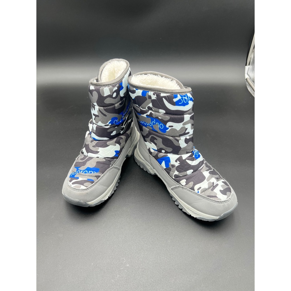 Sport Fashion Camo Puffer Snow Boots Blue Grey Faux Fur Lined Winter Lug Sole